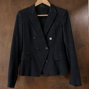 Double breasted dark chambray blazer and pants suit